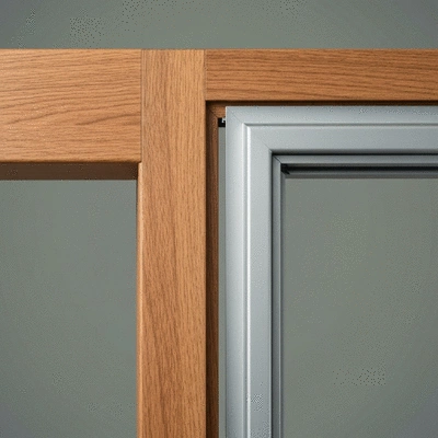 Close-up of a high-quality wood-aluminum window frame, showcasing material detail