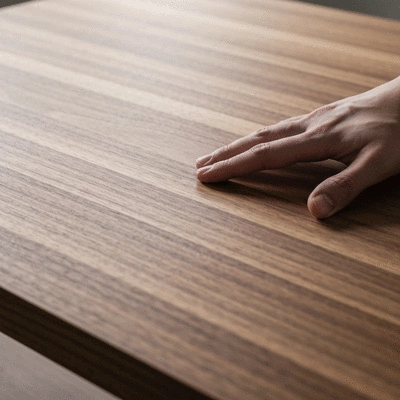 Close-up of a hand touching a high-quality wooden surface, showcasing craftsmanship and details