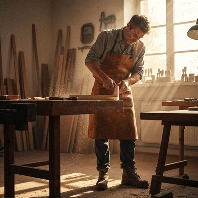 Artisan menuisier travaillant le bois dans son atelier