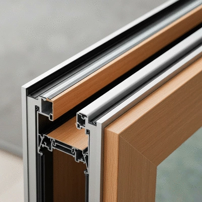 Close-up view of a high-quality wood-aluminum window frame, showing the wood interior and aluminum exterior, no text, no words, no typography, 8K