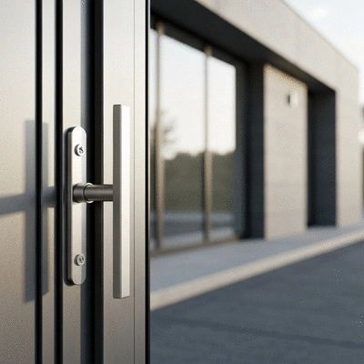 Close-up of a modern aluminum door handle on a stylish entrance door, clean architecture, no text, no words, no typography, clean image