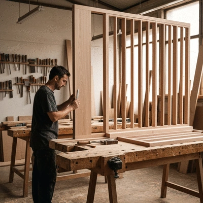 Artisan working on custom wooden partition in a workshop, focusing on craftsmanship