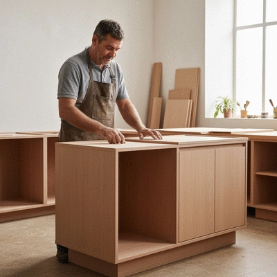 Artisan working on wooden kitchen cabinet, detailed craftsmanship
