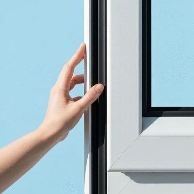 Close-up of a hand adjusting a modern window frame, highlighting improved sealing and energy efficiency.