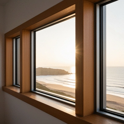 Modern wooden and aluminum window frame with a view of a serene coastal landscape, clean image
