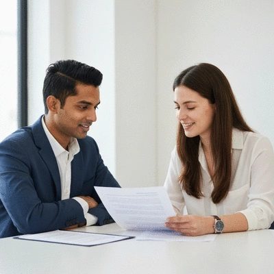 Two people calmly discussing a document at a table, symbolizing amicable resolution of a dispute