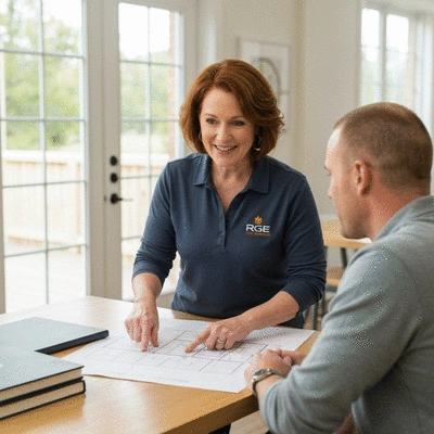 Artisan RGE discussing renovation plans with a homeowner, pointing at a house drawing