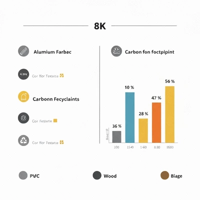 Infographic comparing the carbon footprint and recyclability of aluminum, PVC, and wood