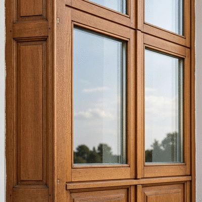 Close-up of a renovated antique wooden window with modern double glazing, showing craftsmanship and insulation