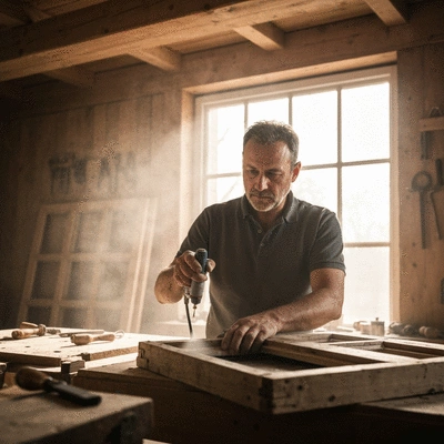 Artisan using aerogommage technique on wooden window frame