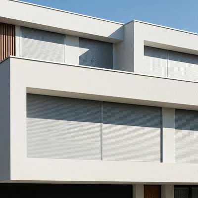 Modern house with aluminum roller shutters, clean design, bright day