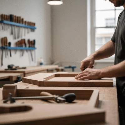 Menuisier au Havre travaillant sur un meuble sur mesure dans un atelier moderne et lumineux