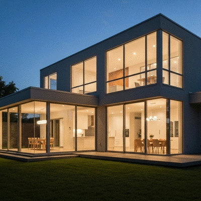 Une maison moderne avec des fenêtres bien isolées, symbolisant les économies d'énergie et le confort thermique.