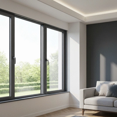 Modern aluminum bay window in a stylish living room with natural light