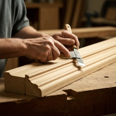 Gros plan sur des mains d'artisan ponçant délicatement une moulure en bois ancienne, outils traditionnels, lumière d'atelier, pas de texte, pas de mots, pas de typographie, 8K