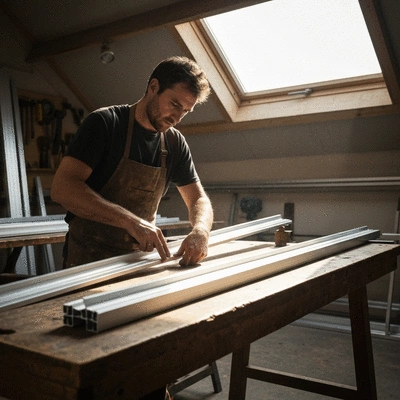 Artisan menuisier working with aluminum profiles in a workshop, focusing on precision and quality, no text, no words, no typography, 8K
