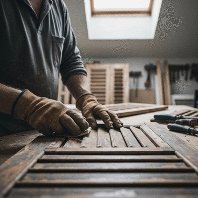 Main d'artisan ponçant un volet en bois pour la restauration