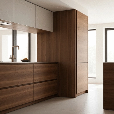 Modern wooden kitchen interior design with custom cabinetry, no text, no words, no typography, clean image