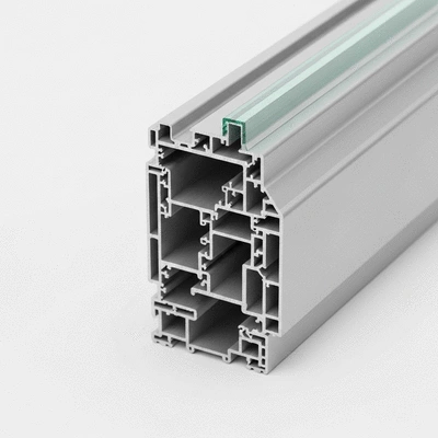 Gros plan sur un profilé de fenêtre en aluminium avec section transversale montrant une rupture de pont thermique et un triple vitrage, symbolisant la conformité RT 2012, no text, no words, no typography, 8K
