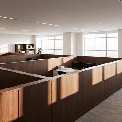 Modern office space with wooden partitions creating distinct work zones