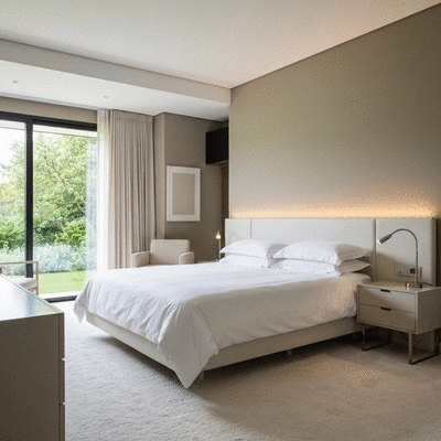 Bureau à domicile moderne et ergonomique avec chaise réglable, écran à hauteur des yeux et plantes, lumière naturelle, no text, no words, no typography, clean image